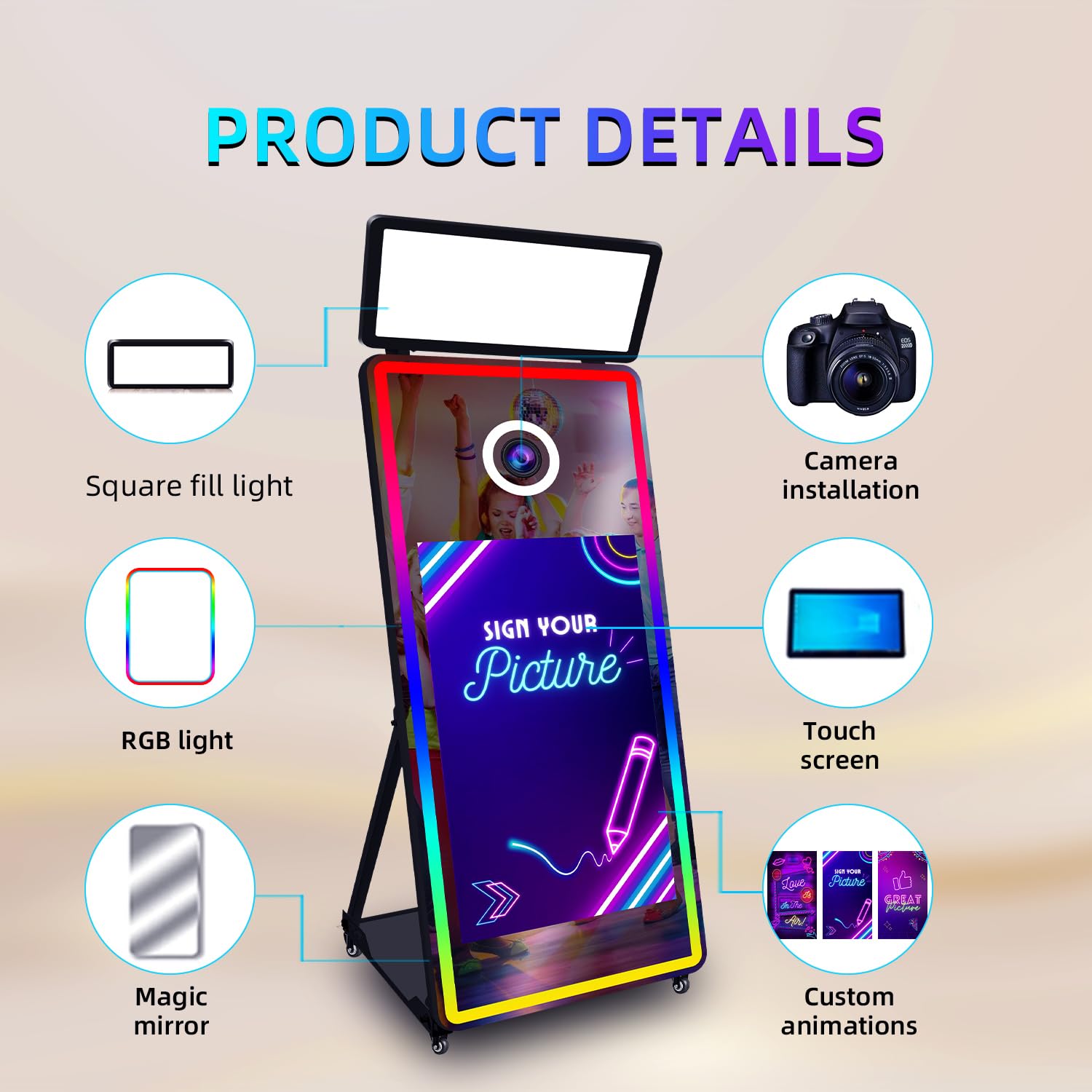 65'' Magiczne Lustro Fotobudka z 43'' Ekranem Dotykowym i Światłami RGB, Fotobudka z Walizką Transportową na Imprezę Urodzinową (Black, 43inch photo booth)
