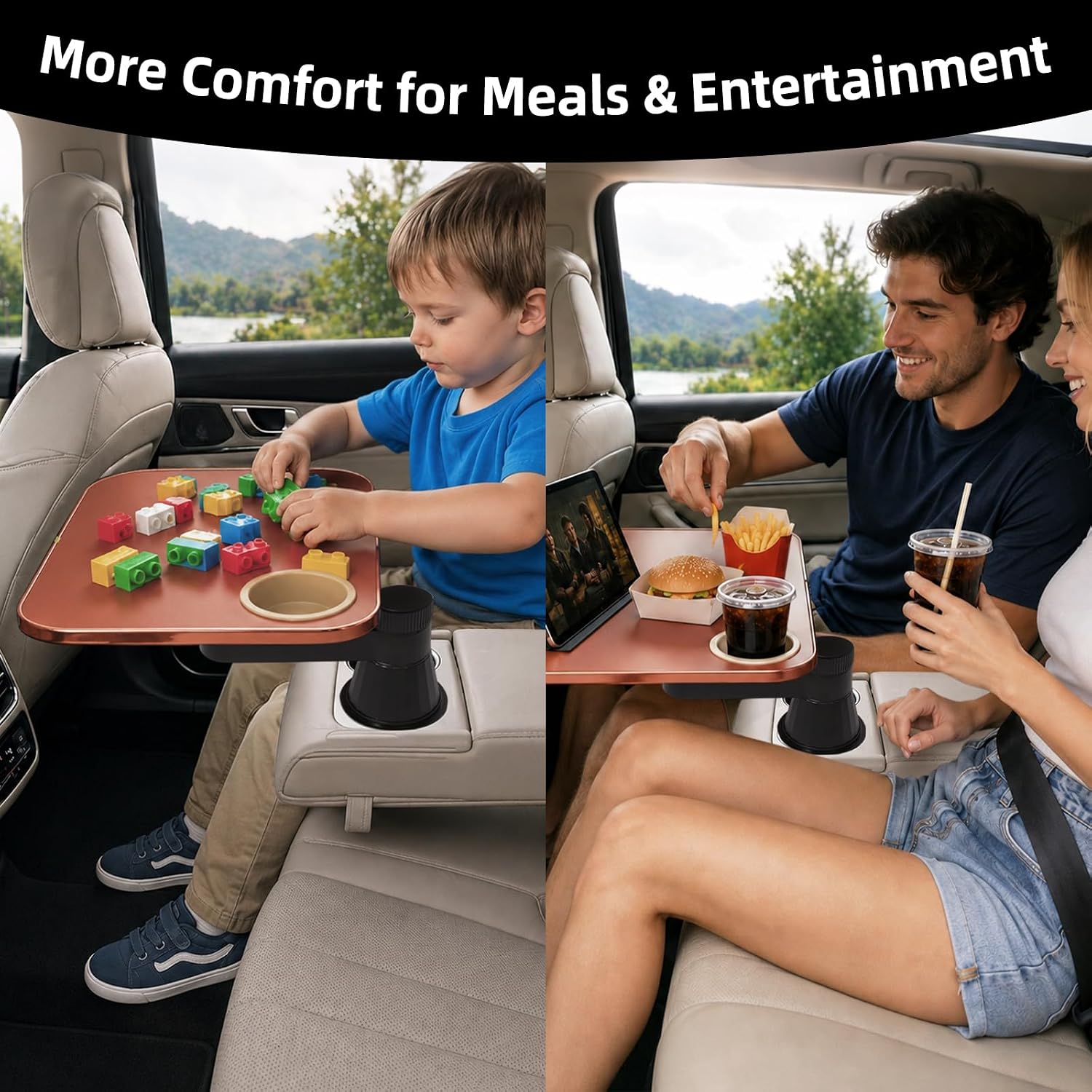 360° Rotating Car Desk Tray for Laptop and Food, Premium Leather Car Table with Built-in Cup Slot, Adjustable Vehicle Desk for Eating, Working, Road Trips, Fits Tesla Model Y/3/S&Most Cars(Orange)