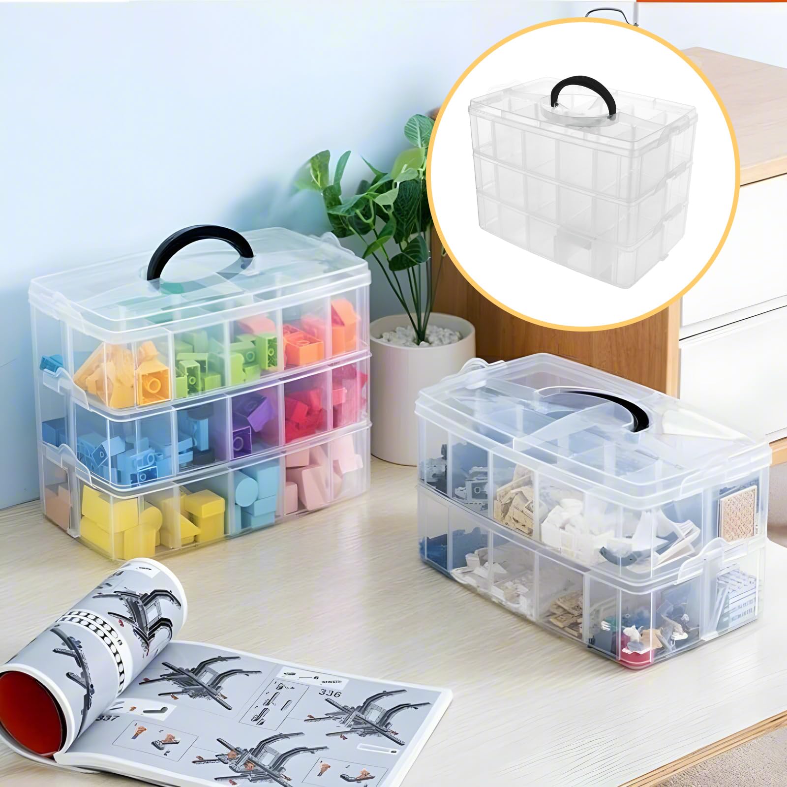 ASelected Sortierbox Aufbewahrung mit Griff Lego Aufbewahrungsboxen Sortierboxen für Kleinteile Stöckige Aufbewahrungsbox Stapelbar Aufbewahrungsbox mit Fächern für Kleinteile Perlen Schmuck