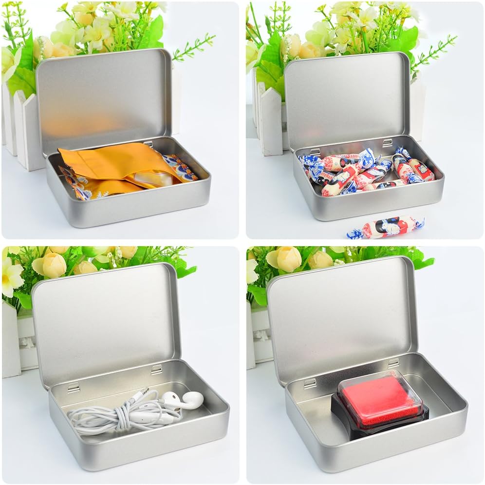 Wobe 12pcs Metal Rectangular Empty Hinged Tins Box Containers 4.5x3.3x0.9 in, Mini Portable Box Small Storage Kit Home Organizer Holders For First Aid Kit, Survival Kits, Storage, Herbs Pills Crafts