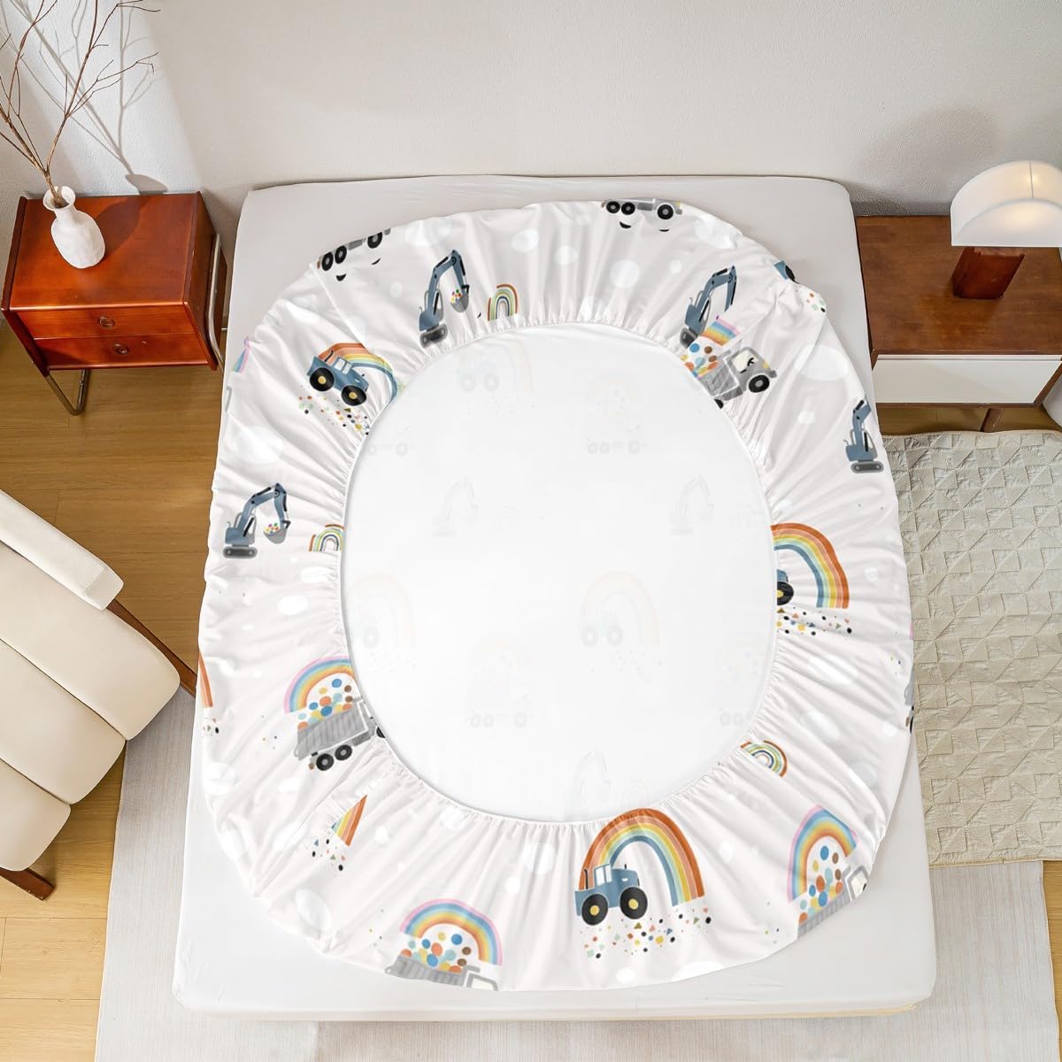 Excavator Tractor Fitted Sheet Full Size,Boho Rainbow Stripes Bedding Set 3Pcs for Teens Women Bedroom Decor,Kids Construction Cartoon Car Bed Sheets Deep Pocket Sheet,2 Pillowcases