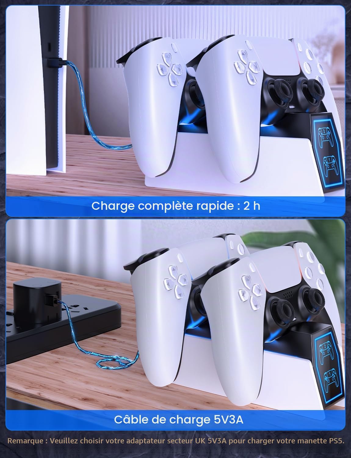 Chargeur de Manette PS5, Station de Charge Rapide PS5 Améliorée 2H avec Indicateurs Lumineux LED for PlayStation 5 Dualsense Manette 2025