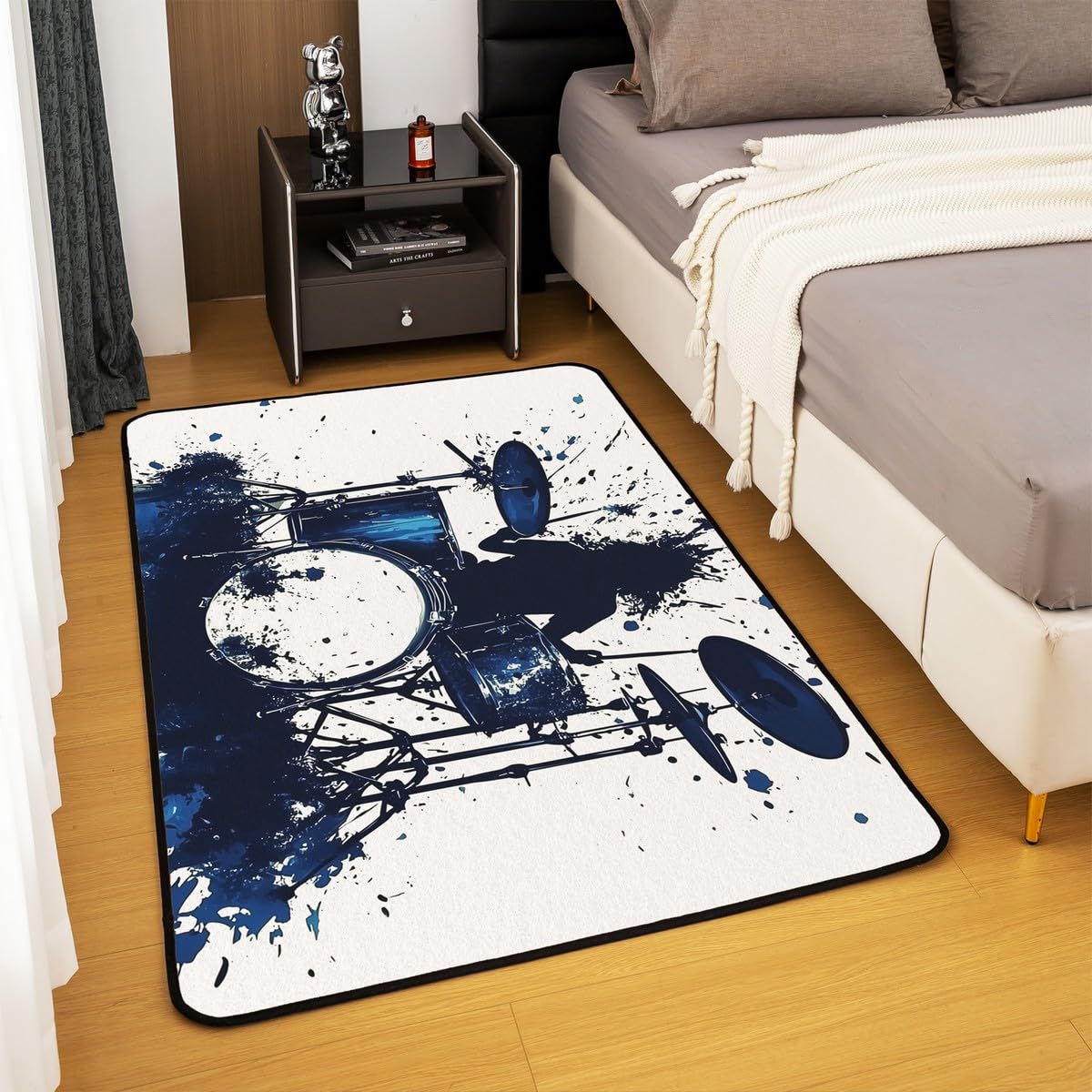 Homewish Tapis Salon 100x150cm Instrument de Musique Pop,Tapis Chambre Kit de Tambour Rock,Tapis Sol Style Glitter Bleu,Décoration D'Intérieur Enfants Garçons Filles Amateurs de Musique Roll