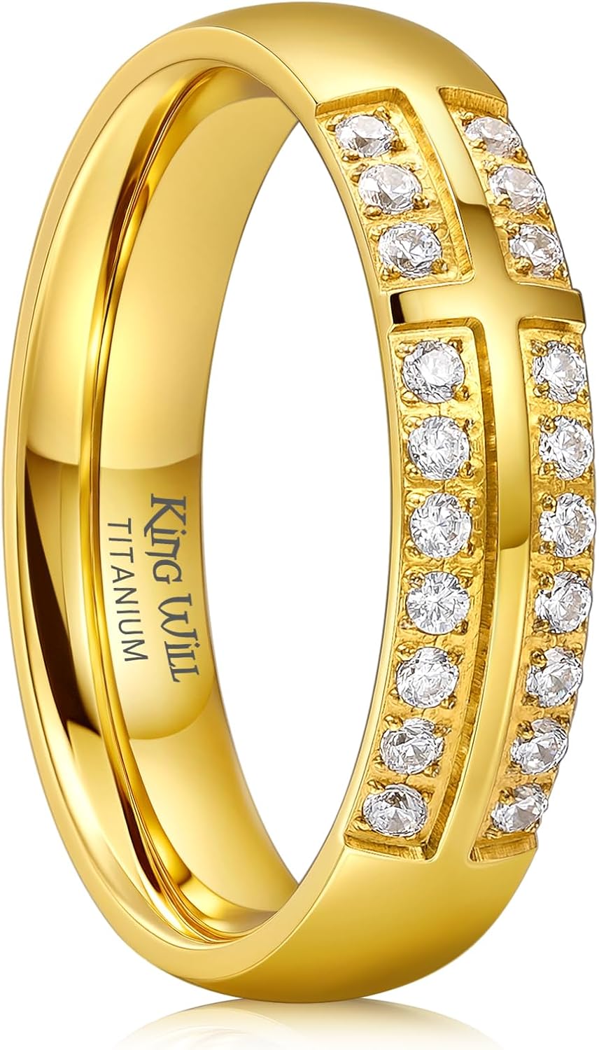 King Will Men's Titanium Wedding Band - 8mm Polished Band with Step Edges and Cross Design Featuring White Zirconia Insets Comfort Fit Size 7-14