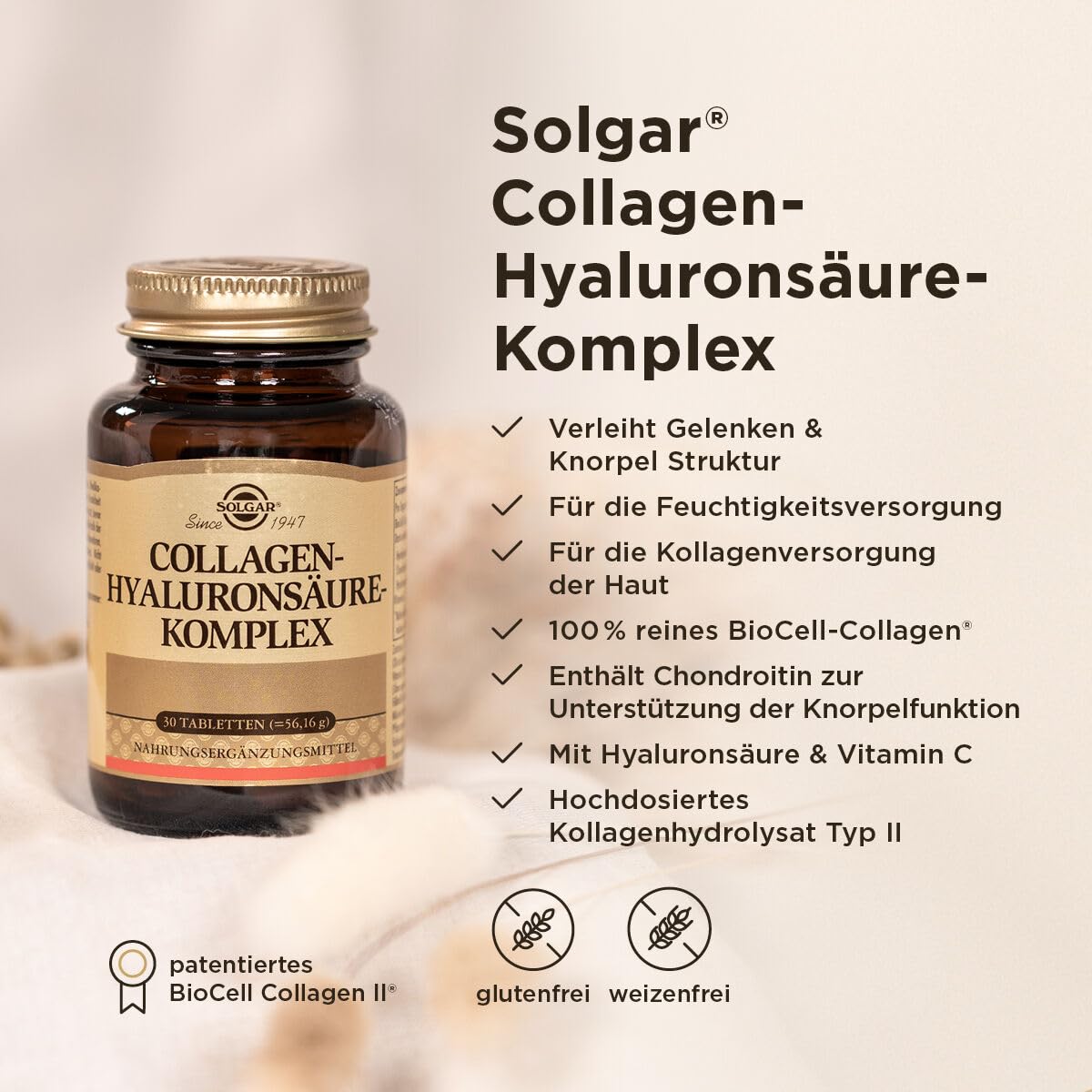 SOLGAR® Collagen-Hyaluronsäure-Komplex | Mit patentiertem BioCell Collagen II® sowie Vitamin C | 30 Tabletten für einen Monat