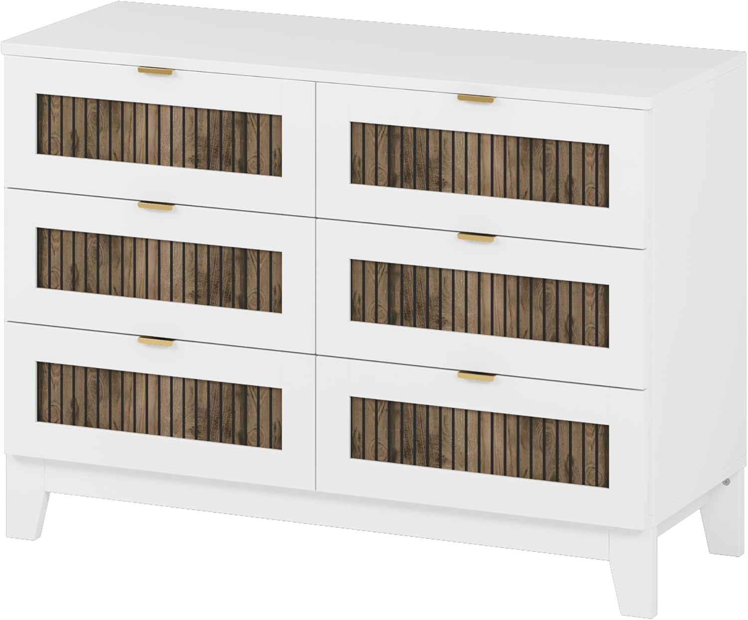 4 Pieces Bedroom Sets Full Size Farmhouse Platform Bed with Wooden Strip Decoration, 2 Storage Nightstands and A 6-Drawer Dresser with Metal Handle for Kids Teens Adults - White