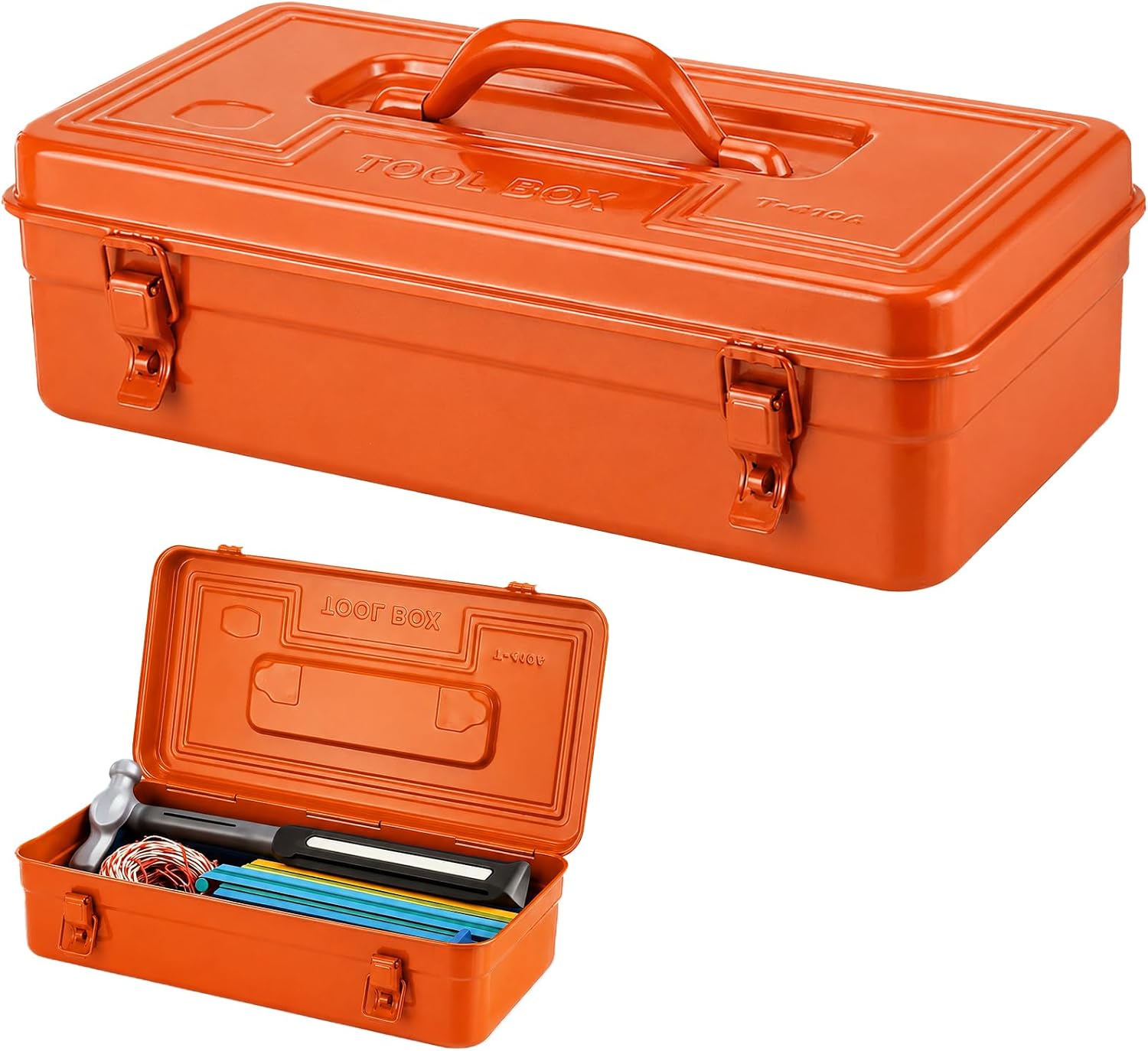 Metal Tool Box with Handle, Empty Steel Storage Case with Hinged Lid and Dual Latches, 16.5 x 8.3 x 4.9 in Portable Organizer for Garage, Craft Supplies, Office Items