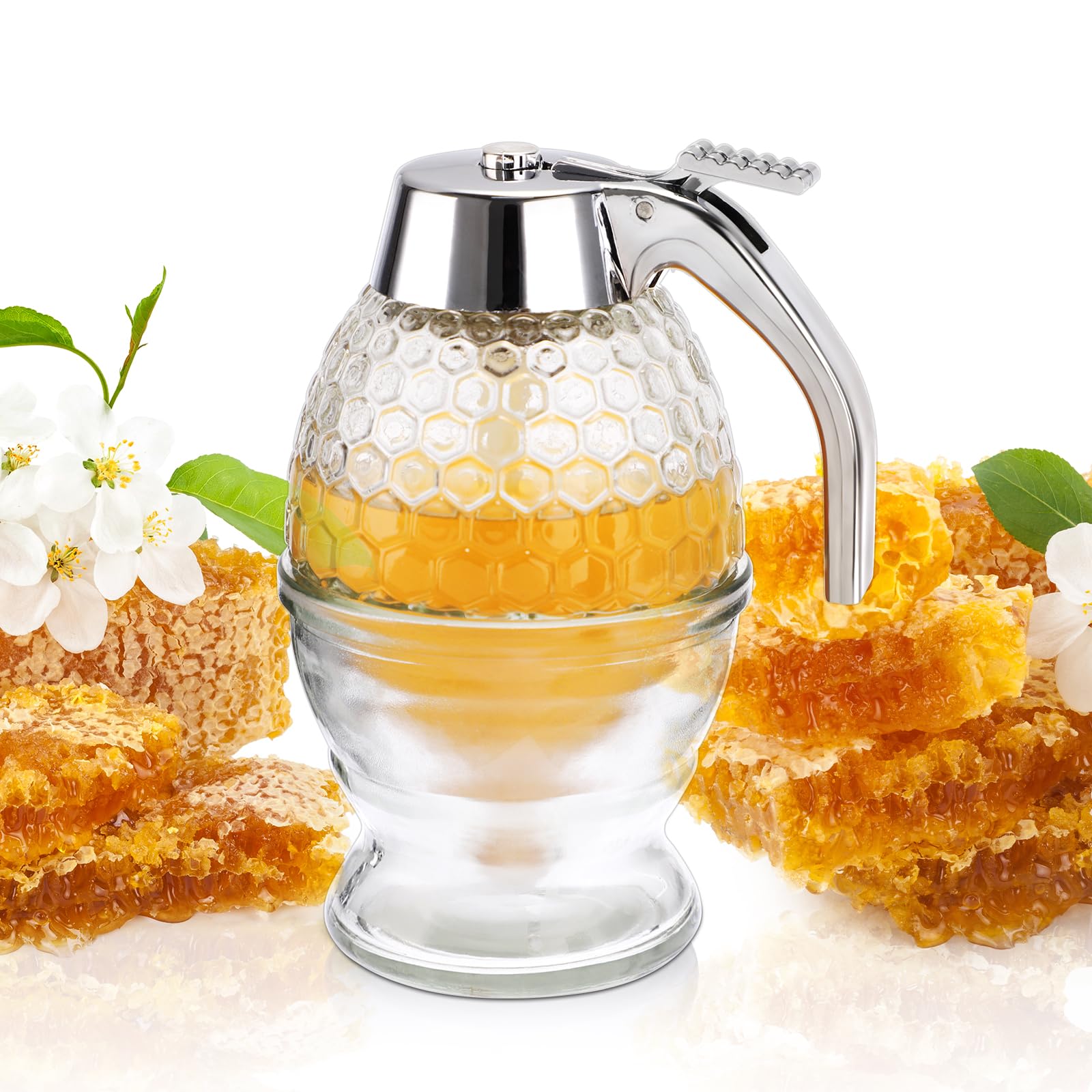 SUMNACON Dispenser per miele in vetro, contenitore per miele con supporto e manico, vaso per miele con dipper, dispenser per syrup, barattoli per miele facili da pulire, per tavolo da colazione