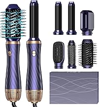 6 in 1 Air Brush Styler Heated Blower Brush Hair Dryer Ionic Thermal Brush Air Curler Straightening Brush Hair Styler Airstyler Hair Styling Set for Women, Blue/Gold