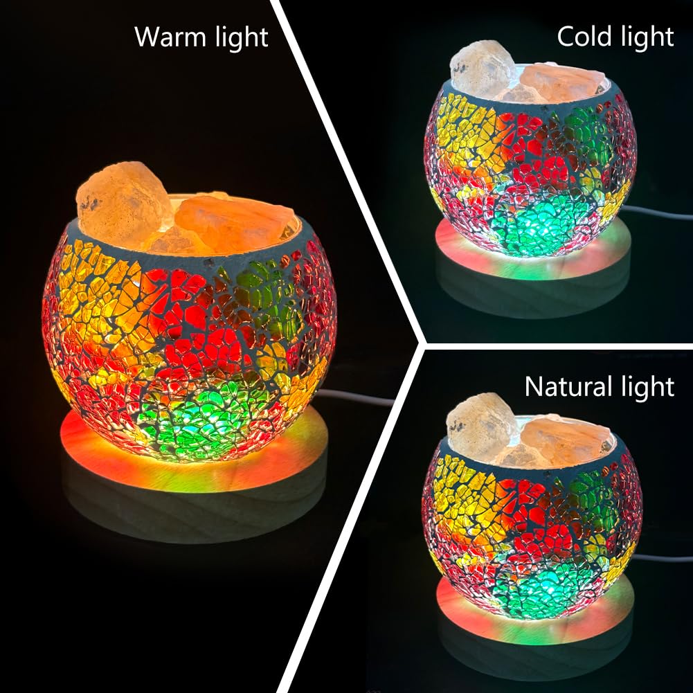 Mozaika szklana himalajska lampa solna, świecąca lampka nocna z 3 regulacją intensywności światła, wtyczka USB, drewniana podstawa, dyfuzor zapachowy do jogi, spa, medytacji, czerwona