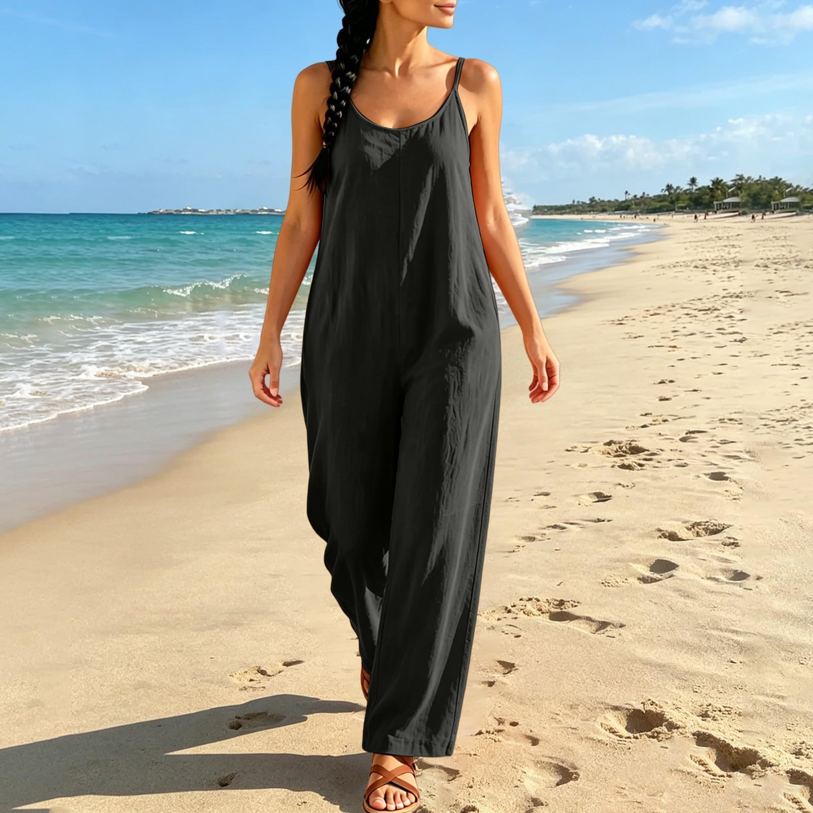Tuta lunga estiva da donna, a gamba larga, tinta unita, elegante | Tuta estiva leggera e ariosa, senza maniche, spalle scoperte, monopezzo, vestibilità larga, per vacanze, tempo libero