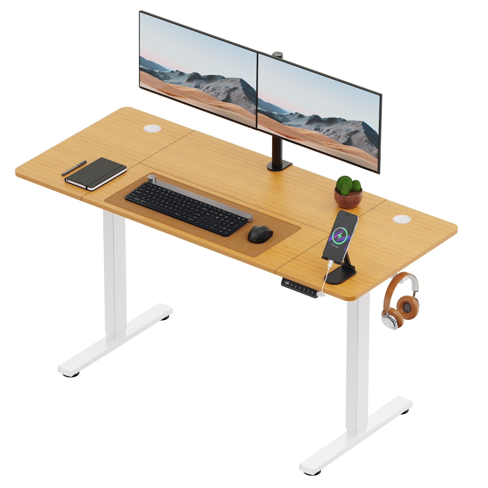 VonHaus Electric Standing Desk, USB-C Charging Height Adjustable Sit Stand Desk with Anti-Collision, Height Preset Technology & Cable Management, Light Wood Four Piece Desktop & Steel Frame, 140x60cm