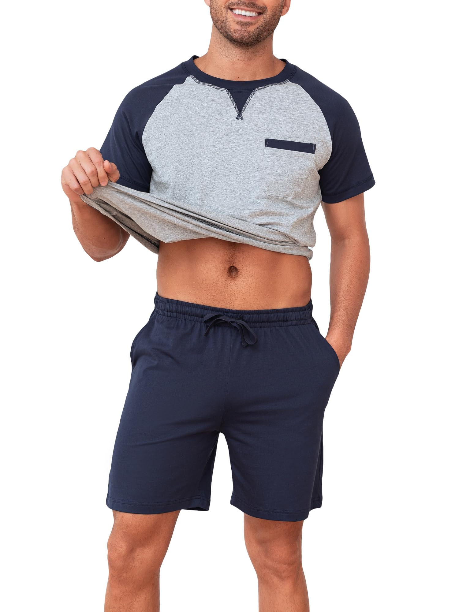 Pyjama d'été Court en Coton pour Homme - Ensemble de vêtements de Nuit 2 pièces avec col Rond, t-Shirt à Manches Courtes et Pantalon de Pyjama pour Homme