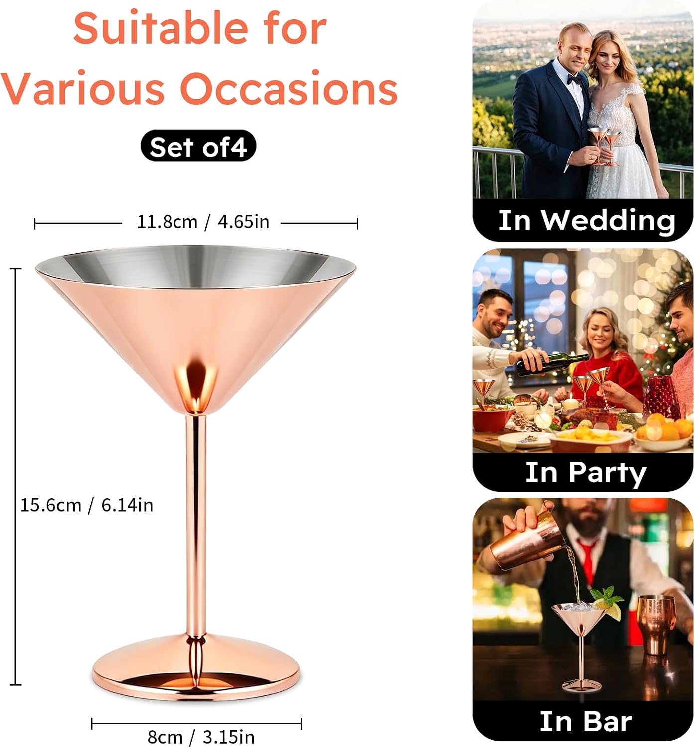 TJ 4 Pcs Stainless Steel Martini Glasses 6.5oz Shatterproof Metal Martini Glass Reusable Steel Wine Cocktail Glass Ideal Outdoor Martini Glasses for Boating, RV,Bar Wedding Graduation Party Rose
