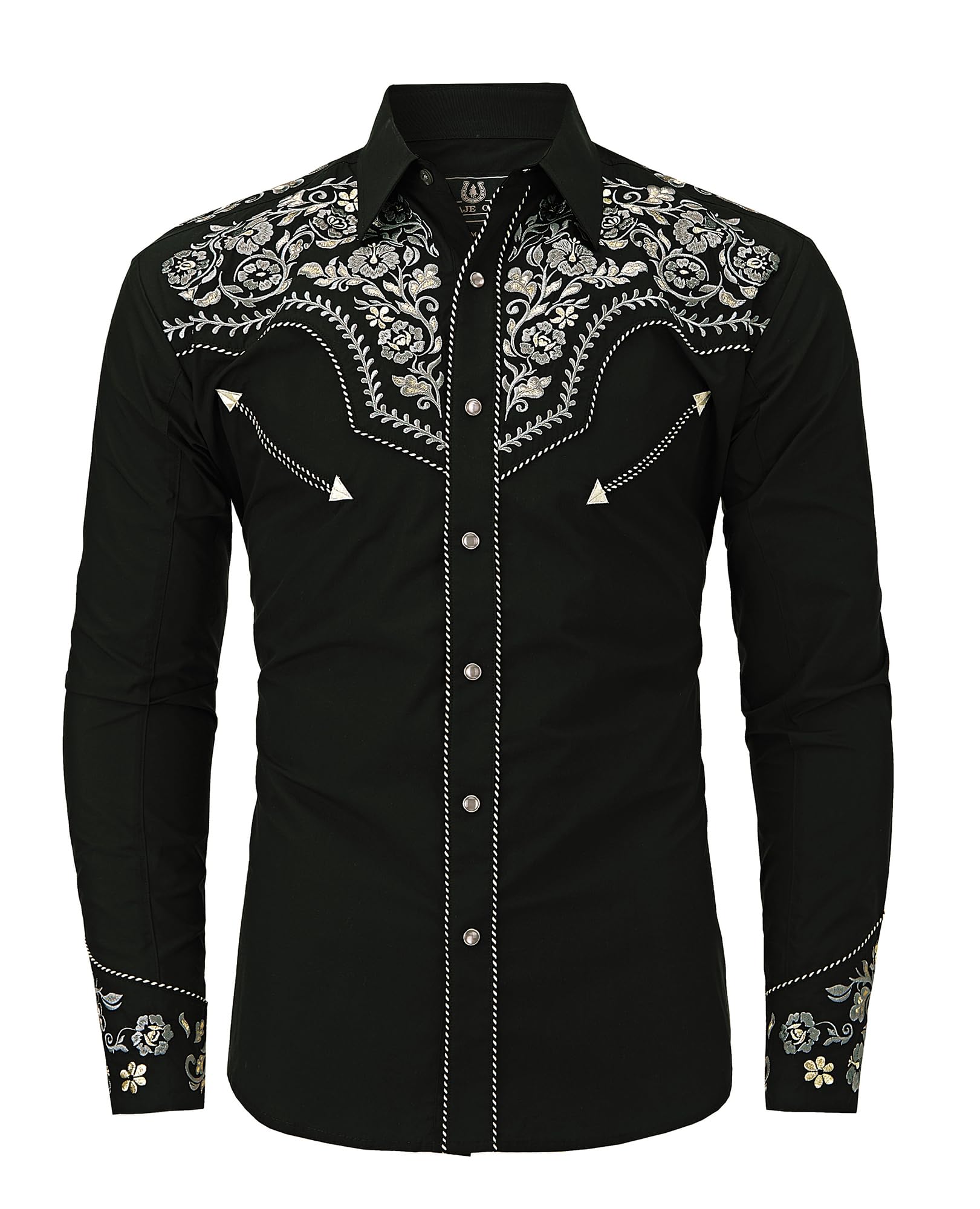 Western Embroidered Cowboy Shirts for Men, Casual Button Down Long Sleeve Shirt Floral Design Retro Shirt
