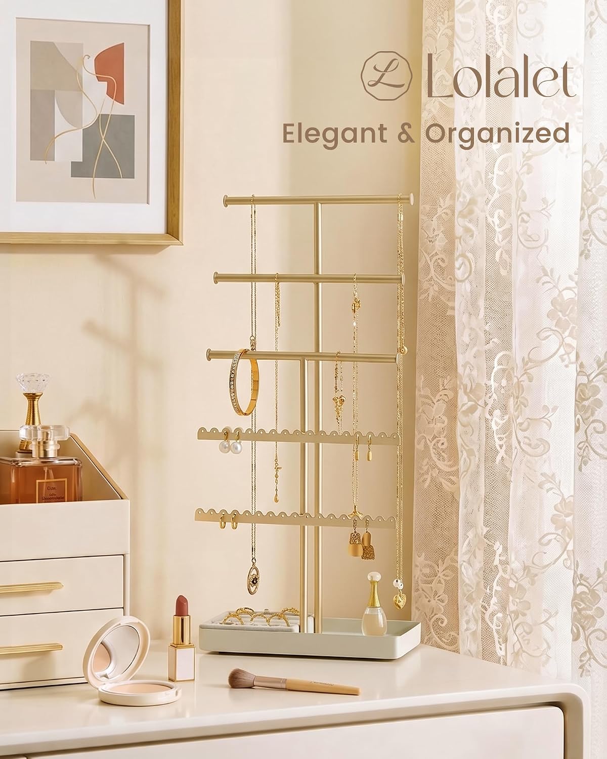 Lolalet 5-Tier Jewelry Organizer Stand, Metal Jewellery Holder, Dresser Display Rack for Necklace Earring Bracelets Rings, Gift for Women Girls -Gold image 4