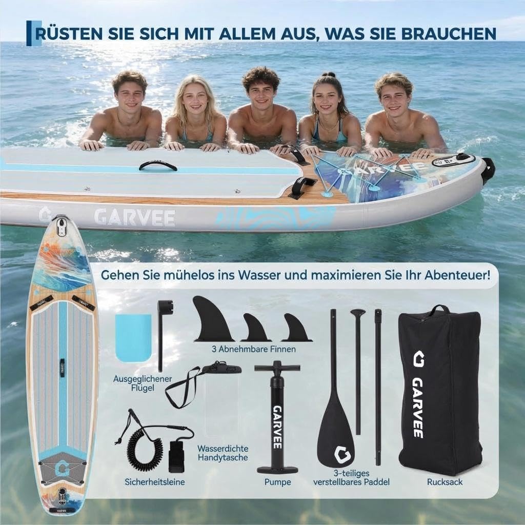 Premium SUP Board Set, Aufblasbares Stand Up Paddling Board – Ultra-Breites Mit 204kg Belastbarkeit, Verstellbares 3-Teiliges Paddel Mit Kamerahalterung, Komplettes Zubehör, Anfänger, Fortgeschrittene