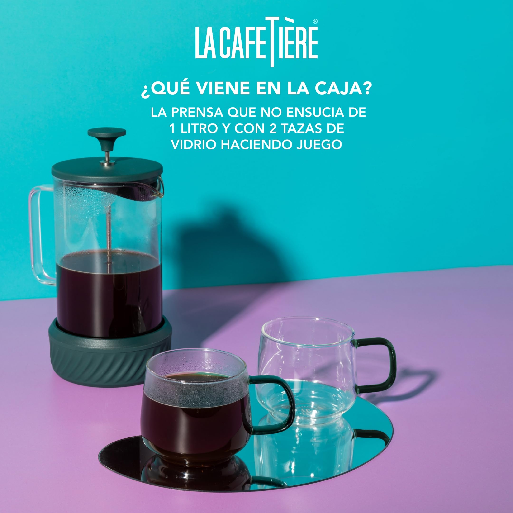 La Cafetière - Cafetera Zero con capacidad para 8 tazas y juego de tazas, prensa francesa resistente al calor, mango de vidrio y base de silicona extraíble, fácil de limpiar, color verde