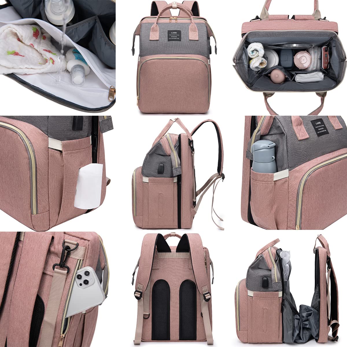 Sac à Langer Bébé Grand Sac à Dos avec Matelas, Moustiquaire et Port USB