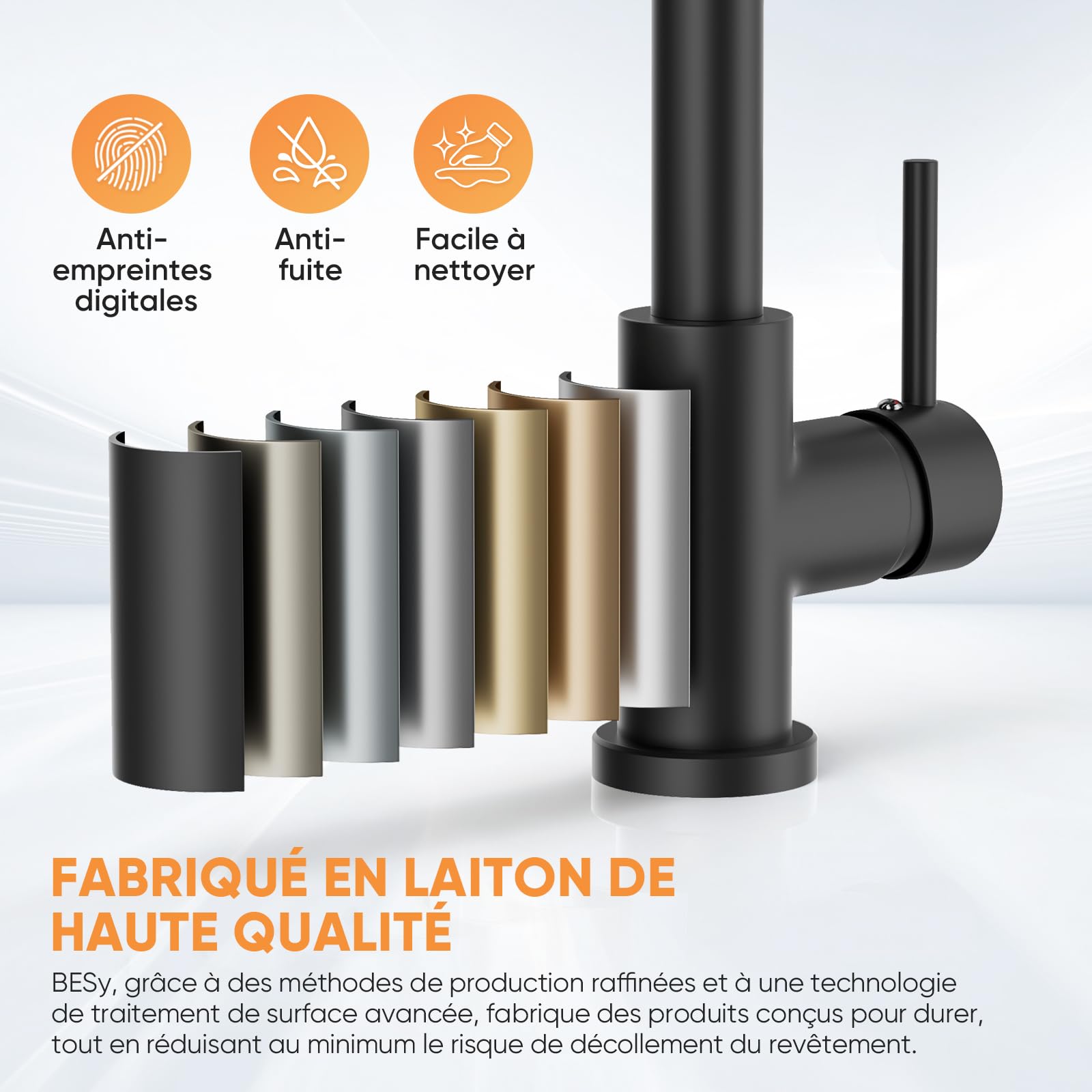 BESy Robinet Cuisine avec Douchette Rétractable, 3 Fonctions, Noir Mat
