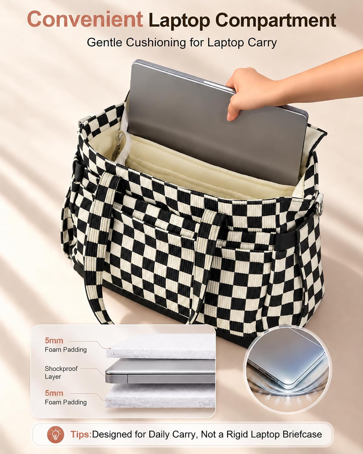 FIORETTO Corduroy Laptop Tote Bag for Women with 17 Pockets