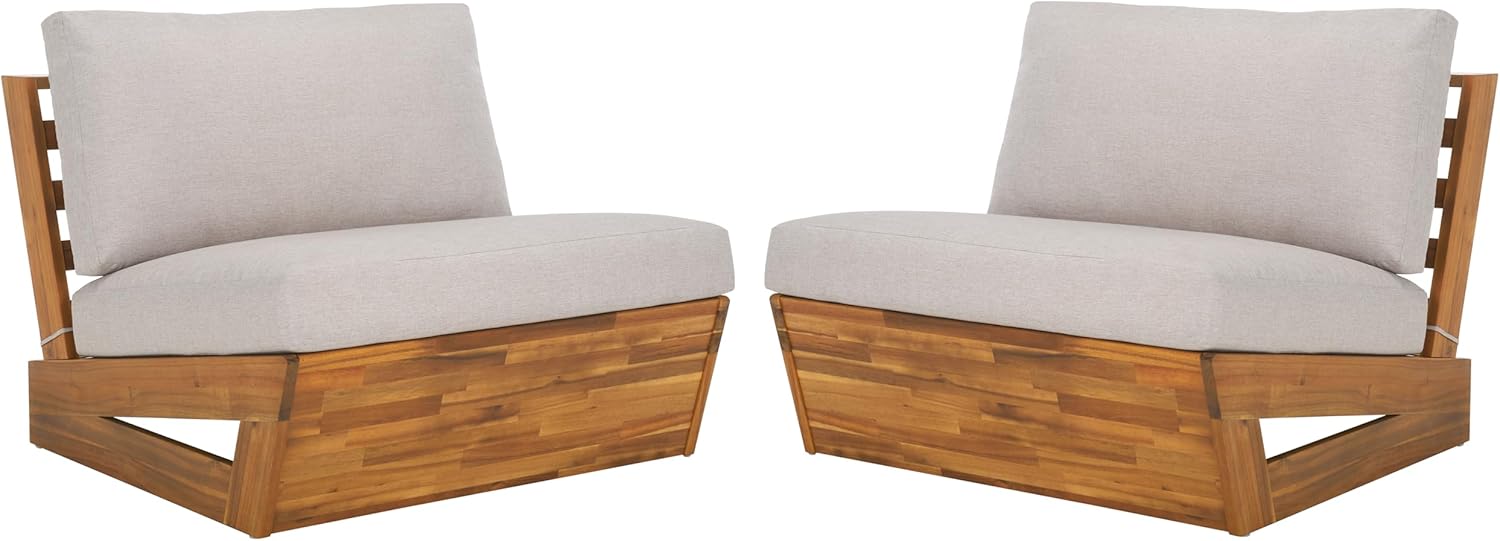 SAFAVIEH Dune Lounge Chair Set of 2 - Acacia Wood Outdoor Patio Chairs with Weather-Resistant Light Grey Cushions, Modern Design (PAT7328B-SET2)