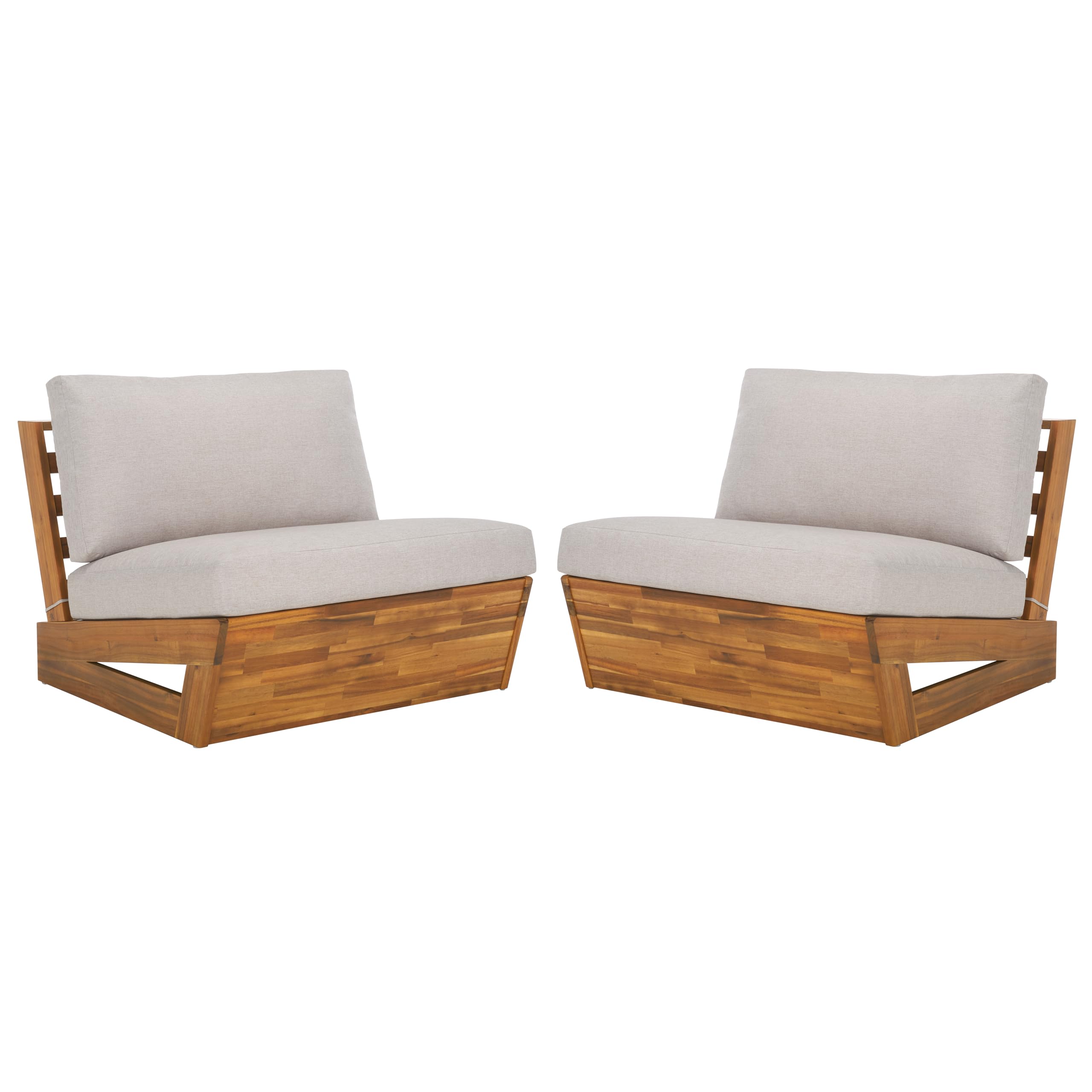 SAFAVIEH Outdoor Patio Furniture Collection – Dune Lounge Chair Set of 2, Solid Wood Outdoor Seating with Light Grey Cushions, Modern Relaxed Design (