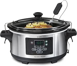 Hamilton Beach Portable 6 Quart Set &amp; Forget Digital Programmable Slow Cooker with Lid Lock, Dishwasher Safe Crock &amp; Lid, Temperature Probe, Stainless Steel
