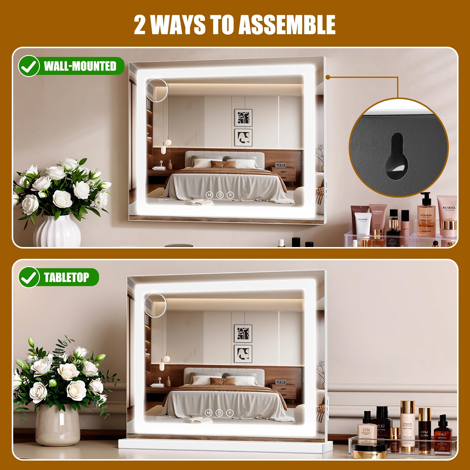 LED Vanity Makeup Mirror with Lights, Smart Touch, 3-Color Dimming