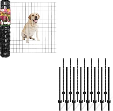 FOREHOGAR Black PVC Coated Welded Wire Fence 36 Inch x 25 Foot, 2 Inch x 3 Inch 16GA Bundle Metal Fence Post 4 Feet Black, Pack of 15, T Post for Wire Fence