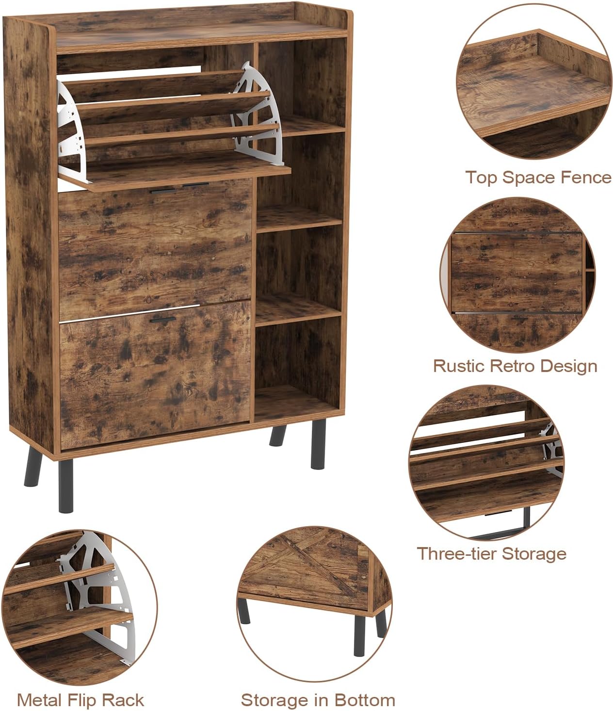 Shoe Cabinet Storage, 3 Layers Shoe Storage Cabinet for Entryway with 3 Flip Drawers and 4 Shelves, Large Capacity Shoe Rack, Rustic Shoe Organizer Cabinet Adjustable Shoe Rack