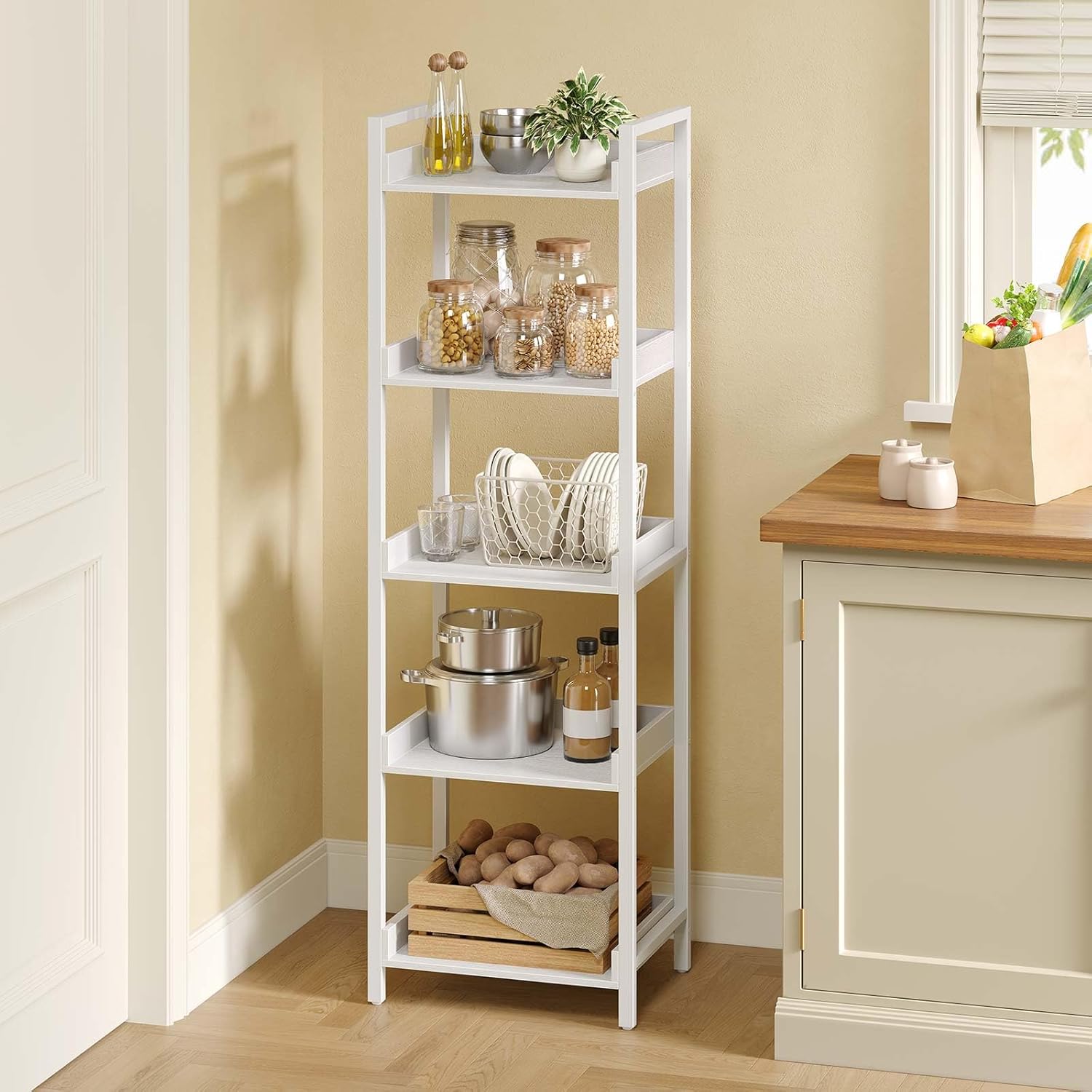 Rolanstar Bookshelf, 5-Tier Storage Rack, Narrow Corner Bookshelf, Display Wooden Shelves for Living Room, Bathroom, Balcony, Kitchen,White