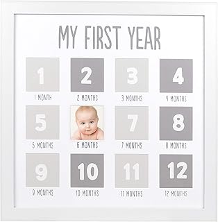 Pearhead My First Year Photo Moments Baby Keepsake Picture Frame, Baby’s First Year Photo Frame, Gender-Neutral Baby Milestone Nursery Décor, White and Gray