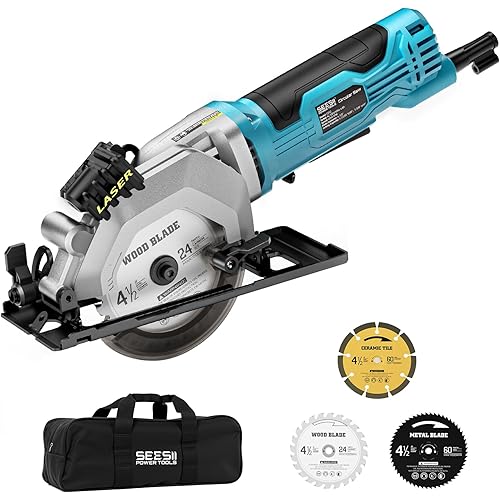Seesii Mini Circular Saw with Laser Guide,4.8A 4000 RPM Compact Corded Circular Saw with Rip Guide,3 Blades (4-1/2") for Wood,Soft Metal,Tile,Plastic Cutting,Max Cut Depth 1-11/16"(90°),1-1/8" (45°)