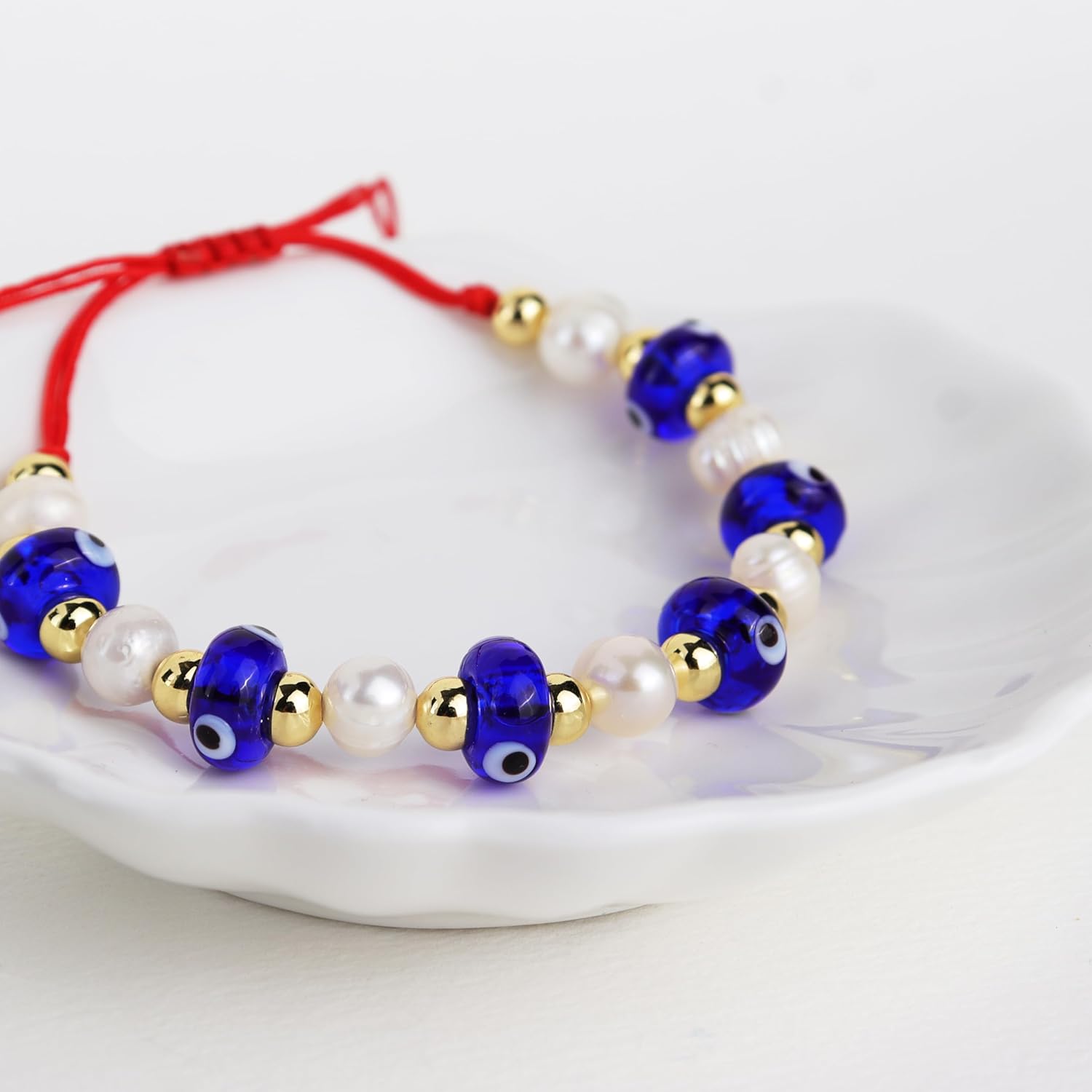 Gold Pearl Evil Eye Beaded Adjustable Bracelets for Women, Handmade Boho Freshwater Pearls Beads Red Rope Braided Bracelet Fashion Friendship Beach Jewelry Gift - Image 5