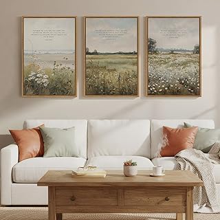 Framed Christian Wall Art Set of 3, Large Wildflower Bible Verse Canvas Prints, Vintage