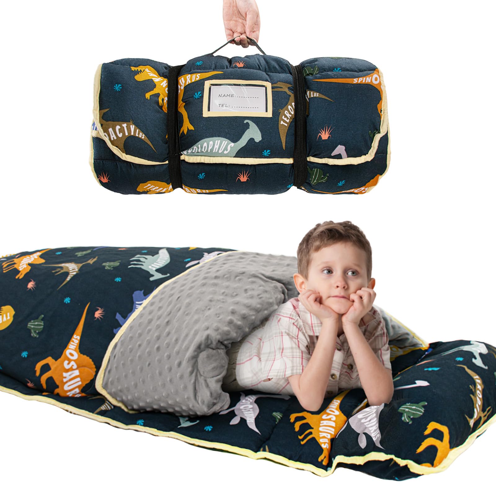 Toddler Nap Blanket with Name Tag, Soft Minky Dot, Cute Print, Removable Pillow, Lightweight and Travel-Friendly Nap Mat (Black)