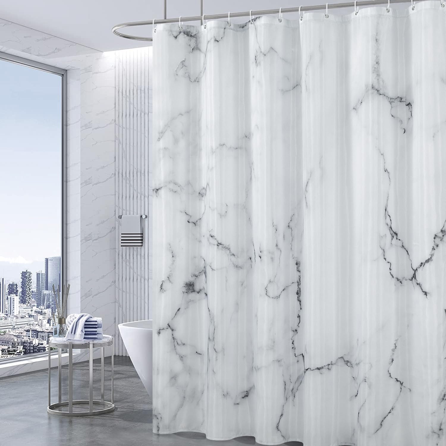BLESFOREVER Grey White Marble Shower Curtain Set with 12 Hooks, Abstract Modern Luxury Gray White Marble Shower Curtains for Bathroom, Waterproof