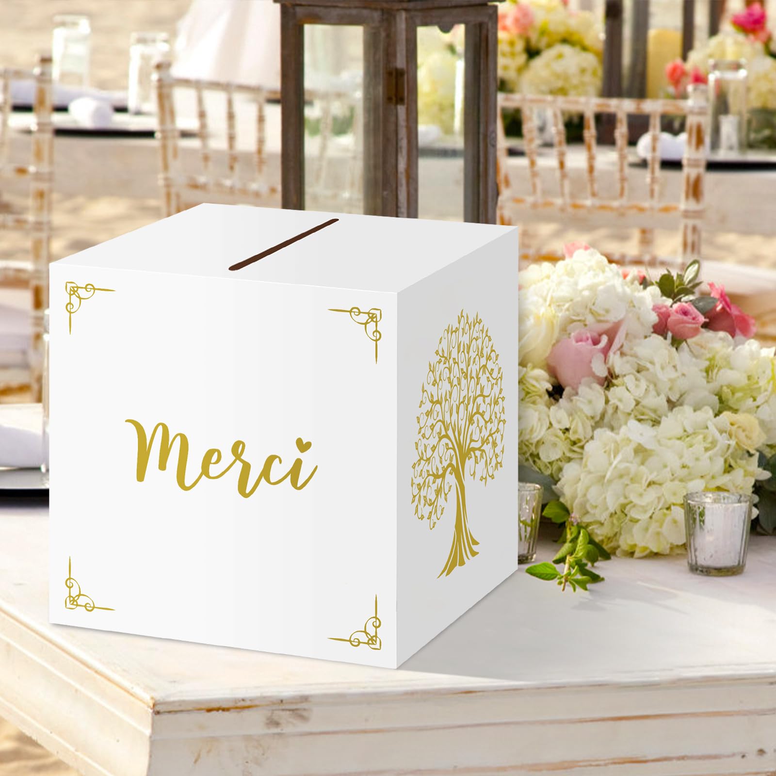 Boîte à Cartes De Mariage En Papier Blanc Merci Avec Plantes - Boîte Aux Lettres Cadeaux Pour Réception, Anniversaire, Baptême