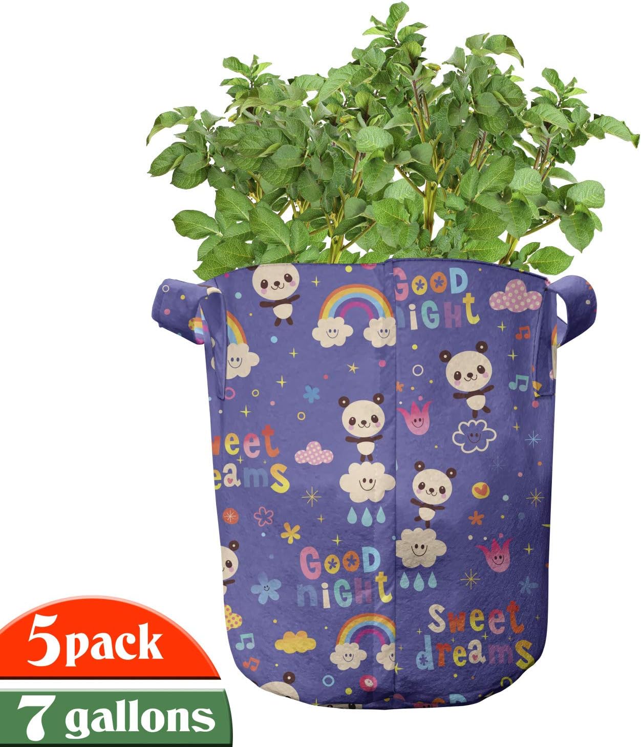 Lunarable Panda Grow Bags 5-Pack, Chinese Bears Rainbow, Heavyduty Fabric Pots with Handles for Plants, 7 Gallon, Multicolor