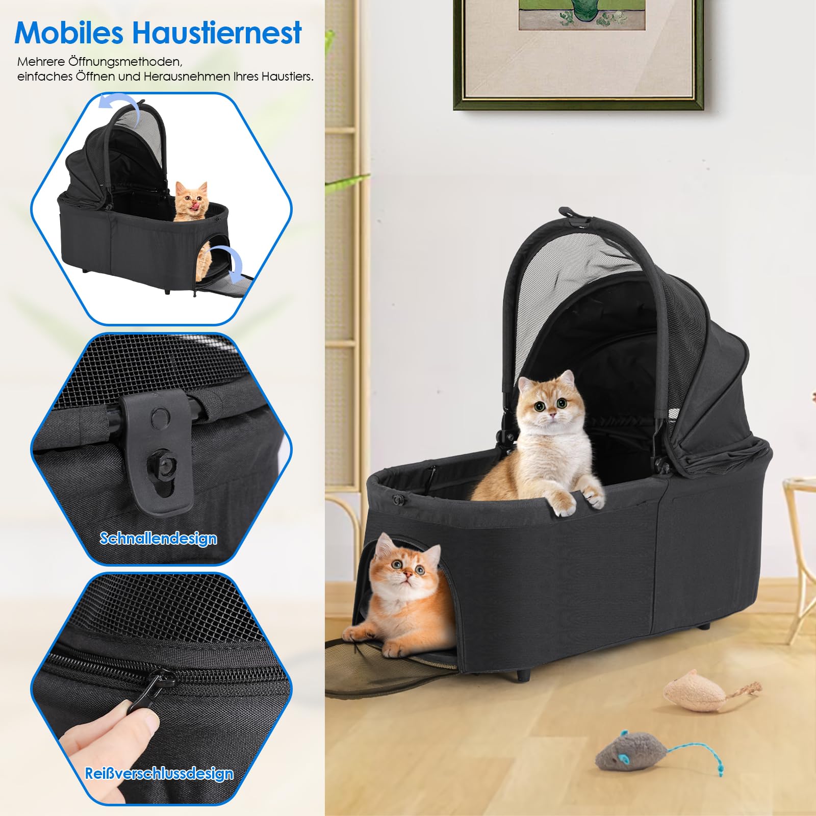 MAMIZO Cochecito para perros 3 en 1, hasta 20 kg, 4 pares de ruedas dobles de 360°, carrito para perros con una bolsa de hombro, plegable, para perros y gatos pequeños, medianos y gatos, Negro