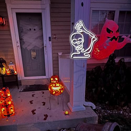 Miniatura 3 de Looklight Letrero de neón de calavera de esqueleto para decoración de Halloween, luces LED de esqueleto de Halloween para dormitorio, puerta