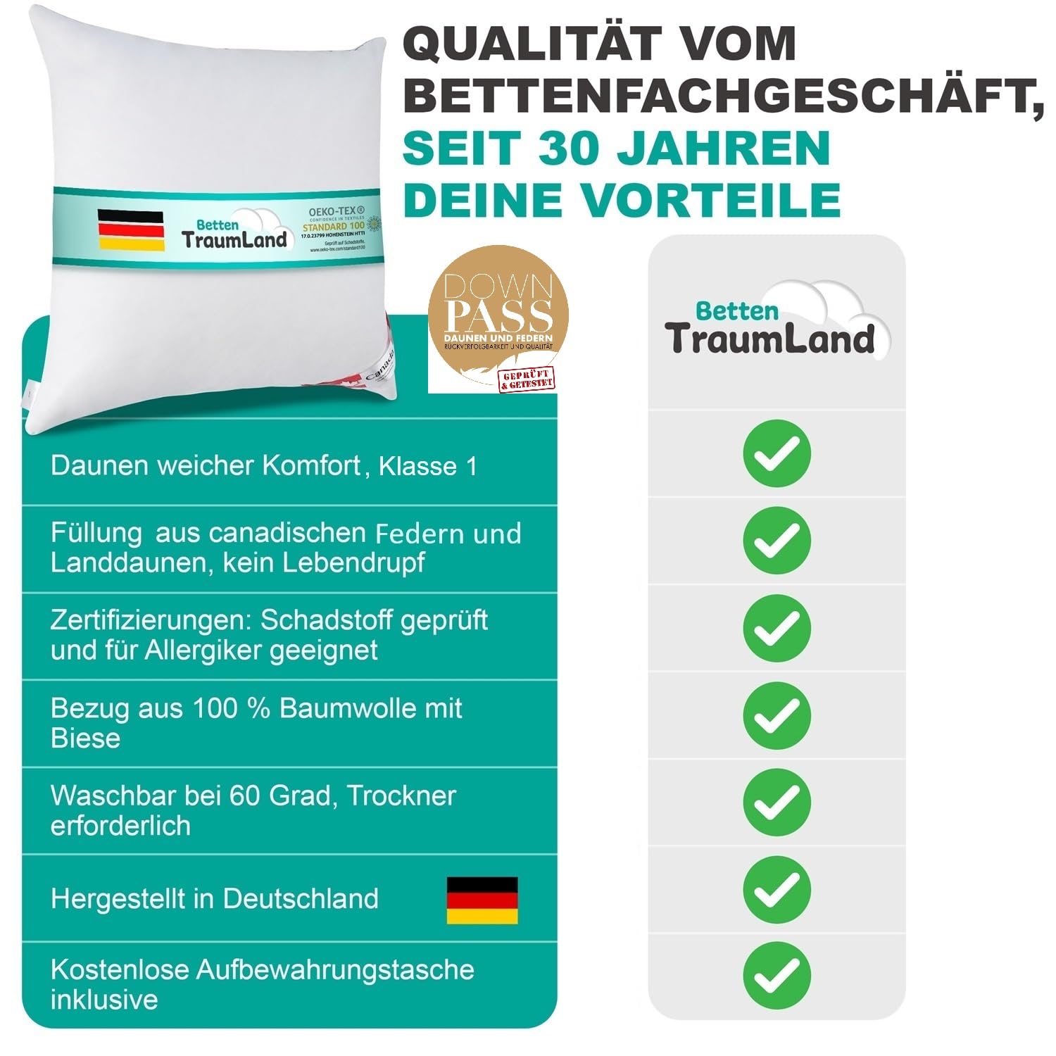 betten-traum-land Kopfkissen Daunenkissen Federkissen 70/30 Classic Night Canada 80x80cm 900 Gramm