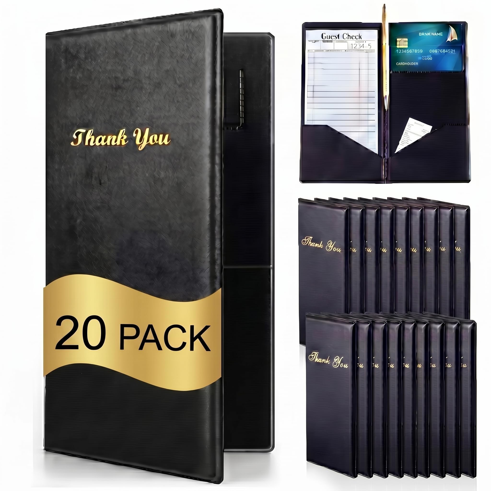 Check Presentadores para restaurante, titulares de tarjetas de control para restaurante, negro, inscripción "Thank You" en oro, cuaderno de cheques para camarero (20 piezas)