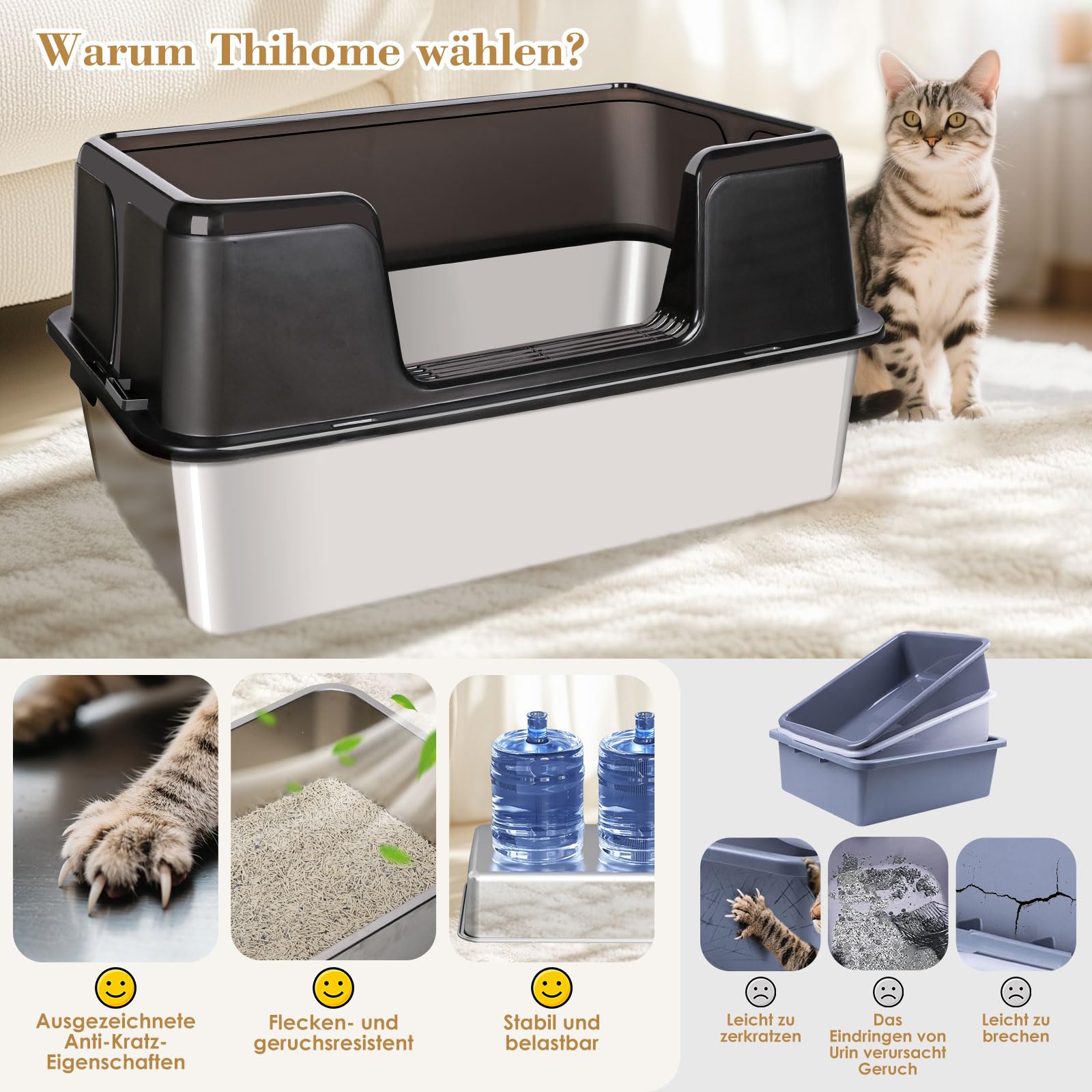 Katzentoilette Edelstahl XXL, 60 L x 40 W x 31,5 H cm | Geruchsresistent Katzenklo Groß mit Hoch Rand, Auslaufsichere & Nicht klebrig XXL Katzenklo für Große Katzen