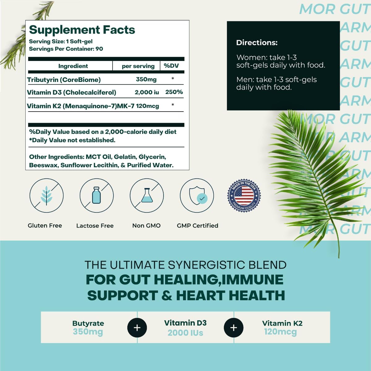 Gut & Heart Health + Immune Support | 2 Month Supply | 60 Soft Gel Capsules | Pure Butyrate 350mg & Vitamin D3 2000IUs & Vitamin K2 120mcg | Heart Health | Gastrointestinal Support
