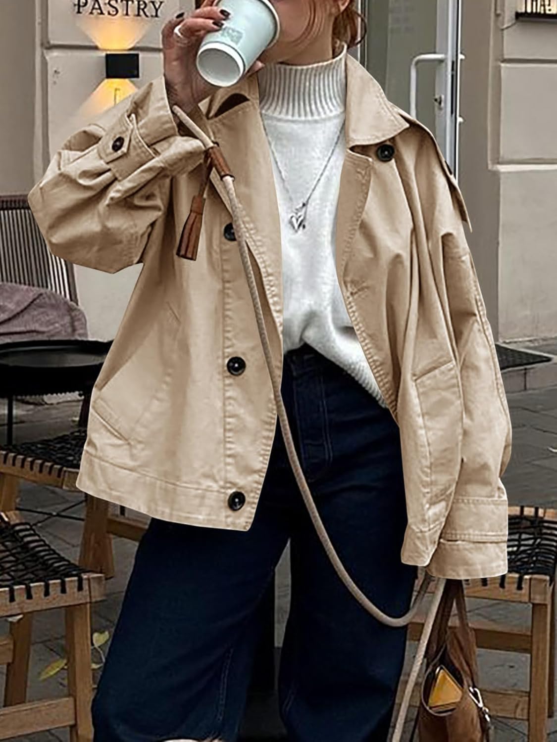 Tankaneo Womens Oversized Trench Coat Single Breasted Lapel Casual Coats Short Jacket Fall Outerwear - Image 2