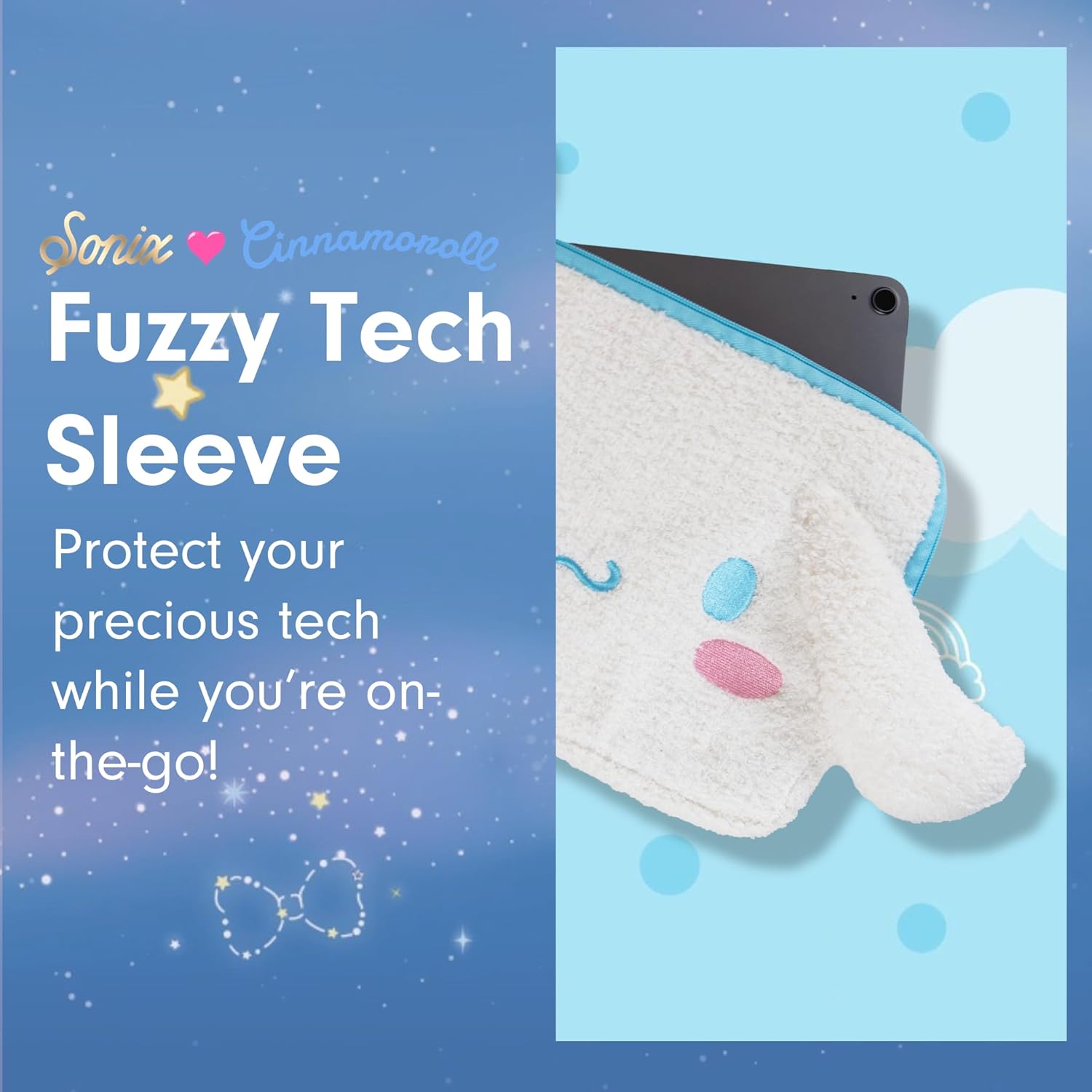 Sonix x Sanrio Plush Tech Sleeve | 11 inch Fuzzy iPad Tablet Pouch Carrying Case Cover, Protective Travel Bag | White - 11" | Cinnamoroll