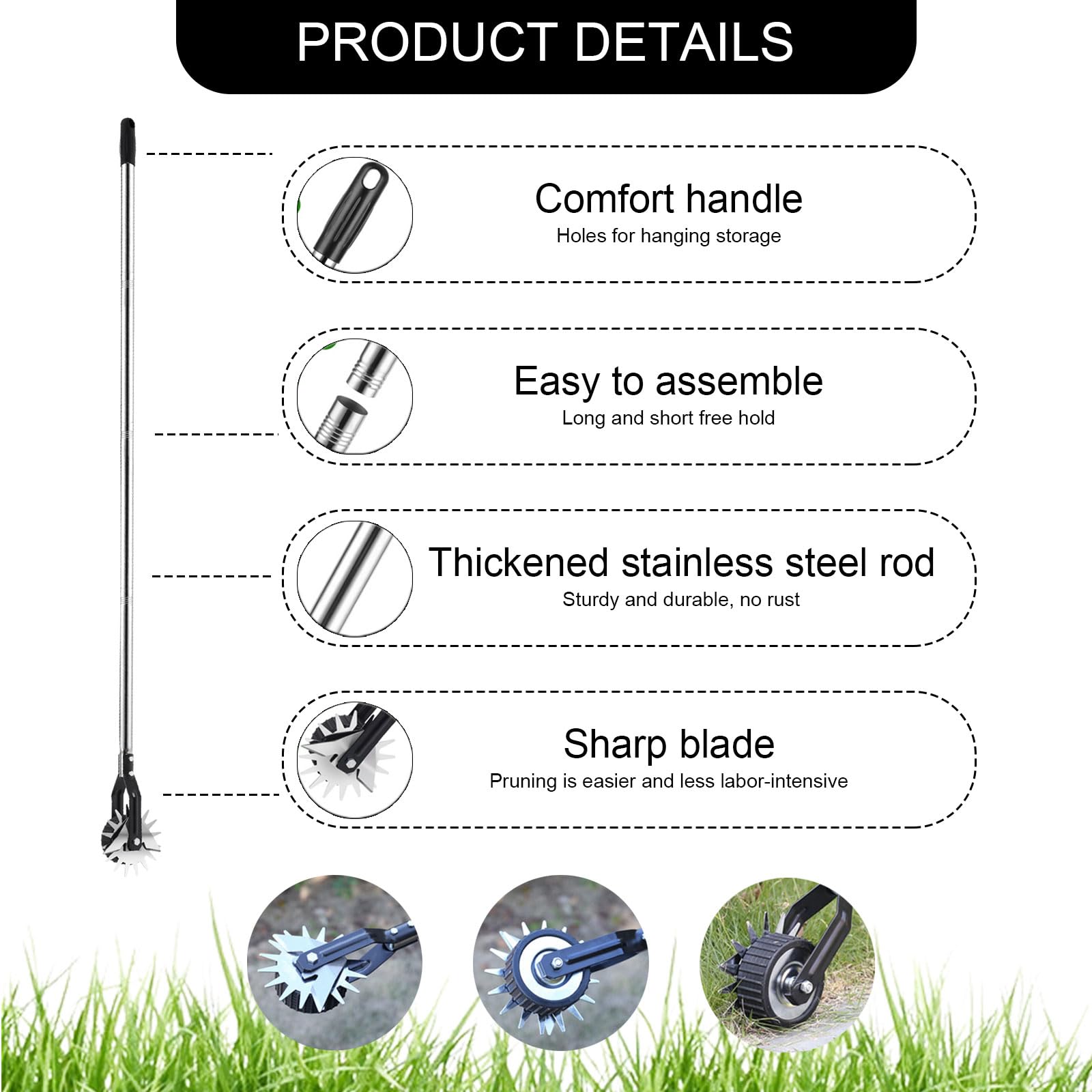 Bordeadora rotativa con ruedas, cizalla rotativa, bordeadora manual de césped para aceras con 3 secciones, mango resistente de acero inoxidable con agarre acolchado, herramienta para bordear el