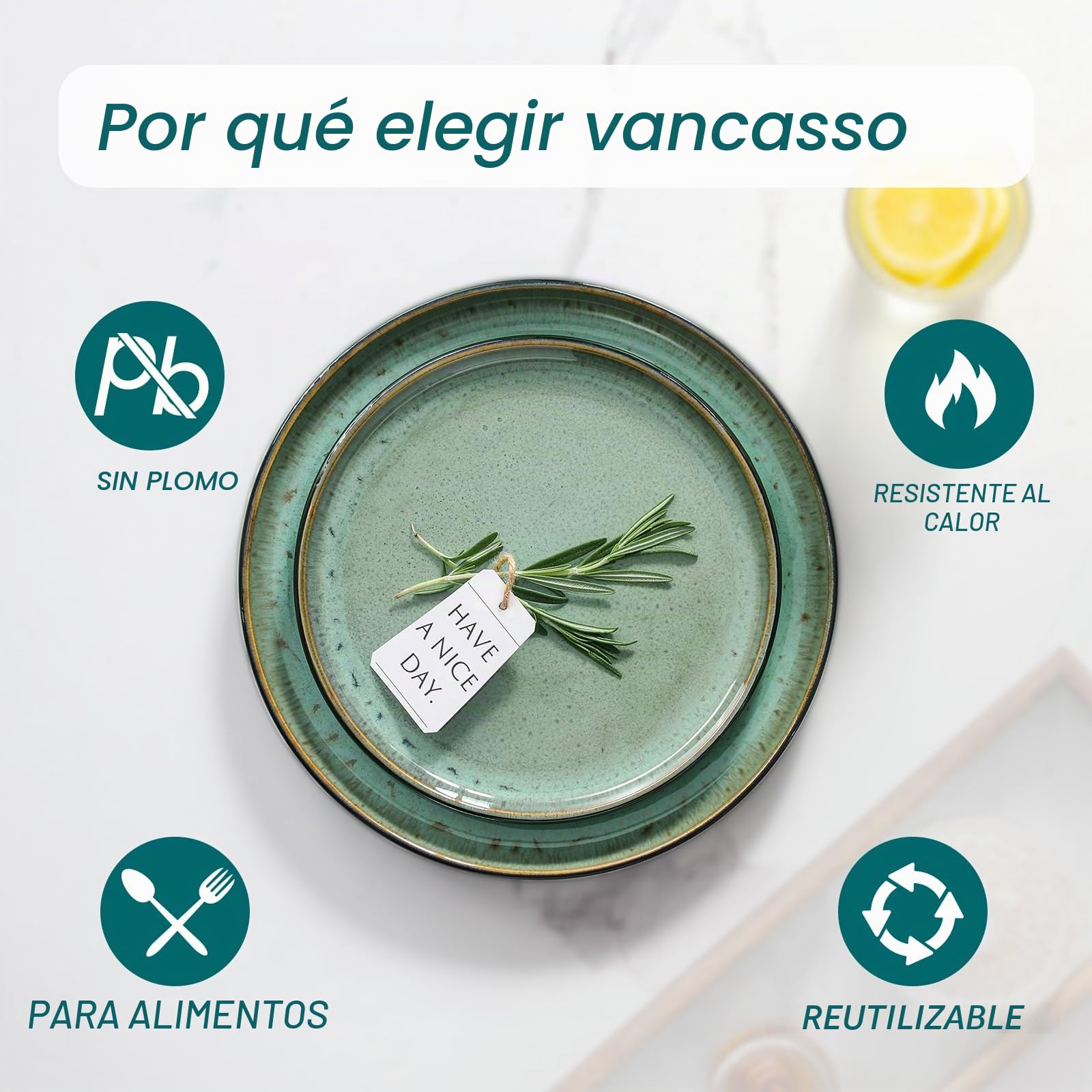 vancasso AMBER Juego de Vajilla Completo para 6 Personas, Plato Vajilla 24 Piezas de Gres - Platos Llanos, Platos de Postre, Ensaladeras y Cuencos - Apto para Lavavajillas, Esmalte Reactivo Verde